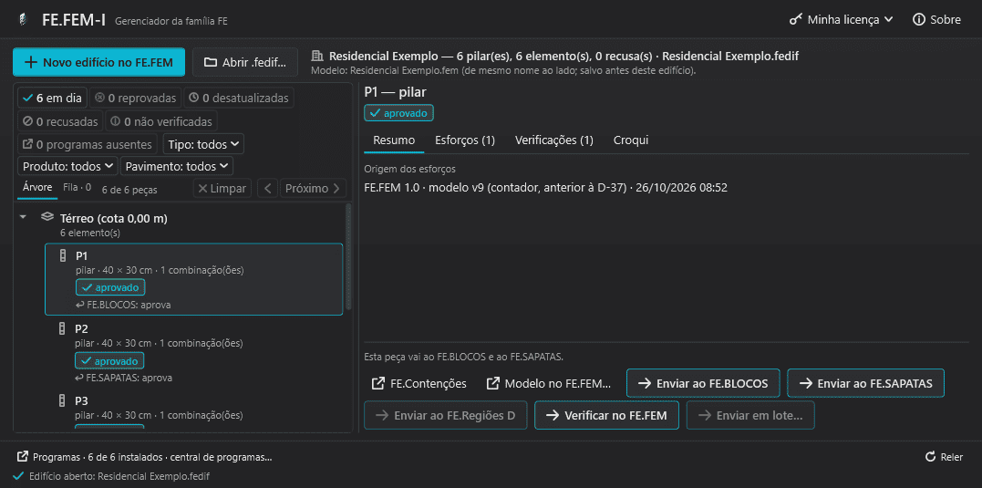 Tela inicial do FE.FEM com o edifício de exemplo aberto, os pilares aprovados e os botões de envio aos programas