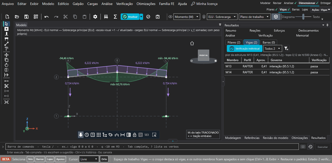 Galpão de aço com o diagrama de esforços e a tabela de verificação dos membros