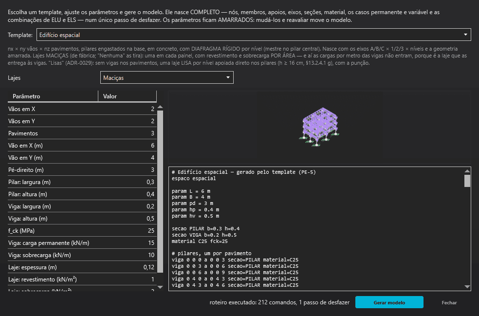 Janela de templates paramétricos com a prévia desenhada