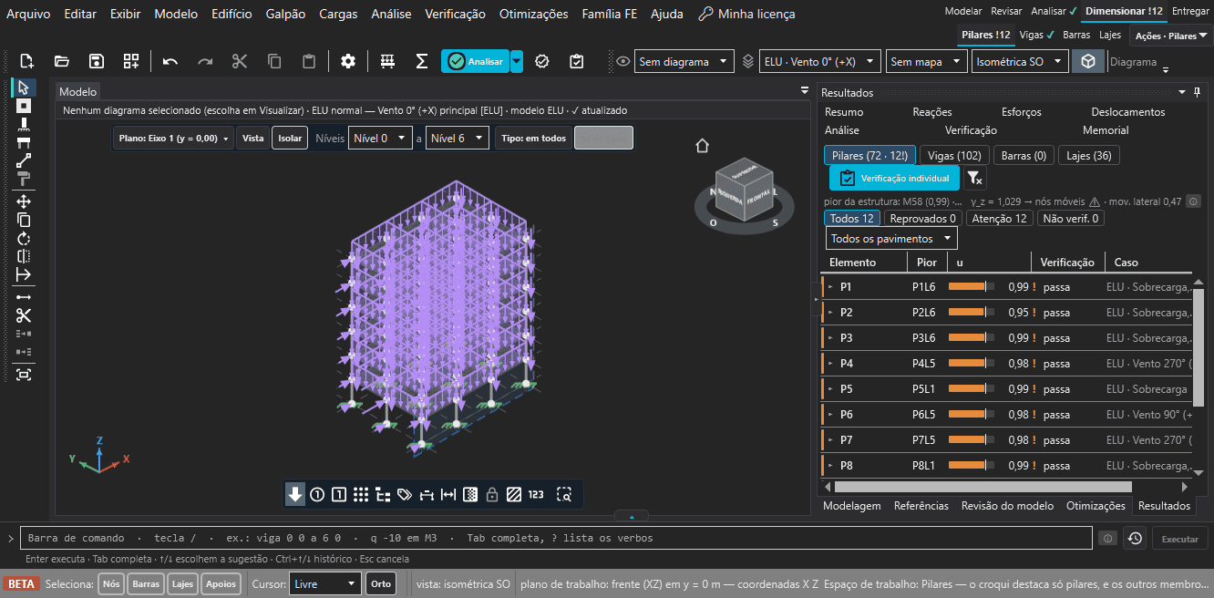 Edifício de dez pavimentos no croqui 3D do FE.FEM com a aba Pilares
