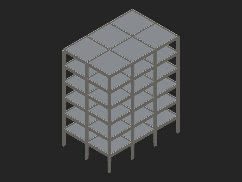 Edifício de seis pavimentos no 3D novo do FE.FEM, com pilares, vigas e lajes desenhados com as seções.