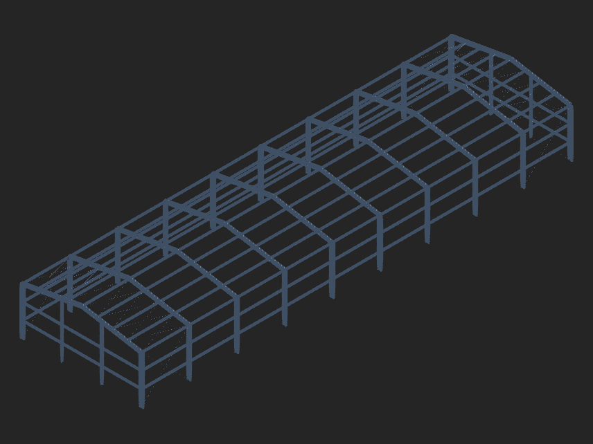 Galpão de aço no 3D novo do FE.FEM, com pórticos, terças e contraventamentos desenhados.